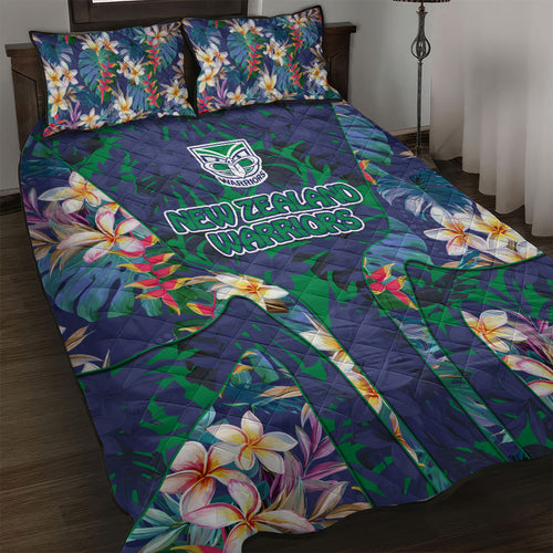 New Zealand Warriors Quilt Bed Set Tropical Polynesian Floral Pattern With Green And Blue Accents