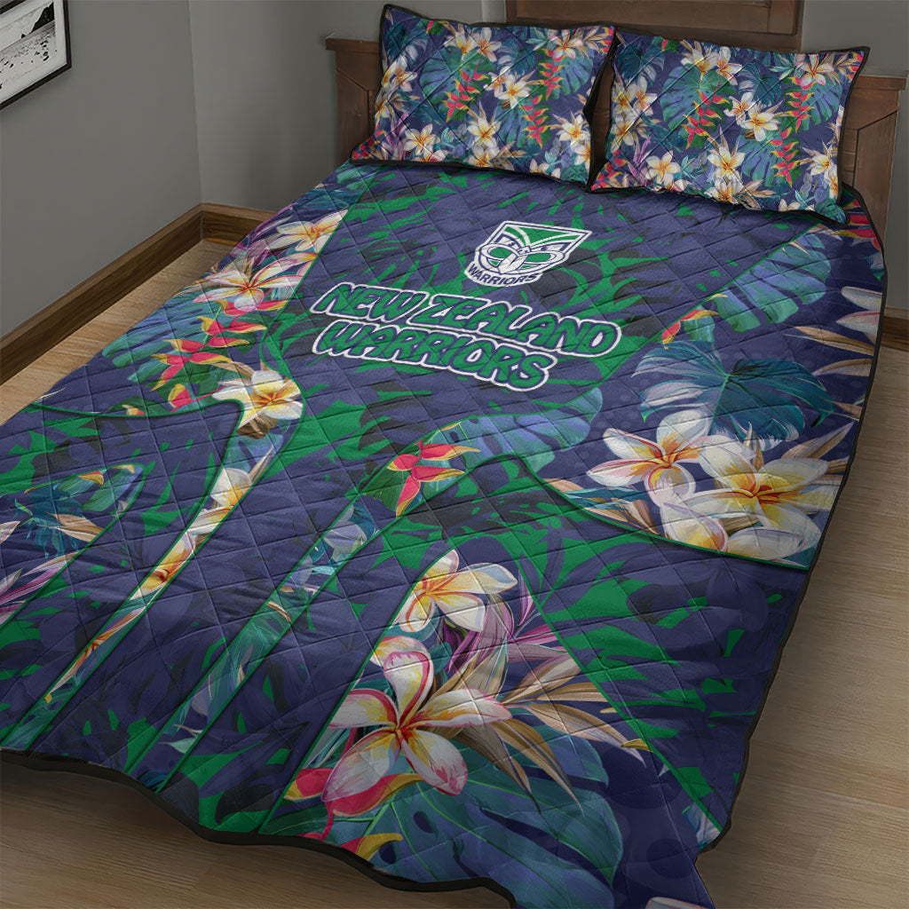 New Zealand Warriors Quilt Bed Set Tropical Polynesian Floral Pattern With Green And Blue Accents