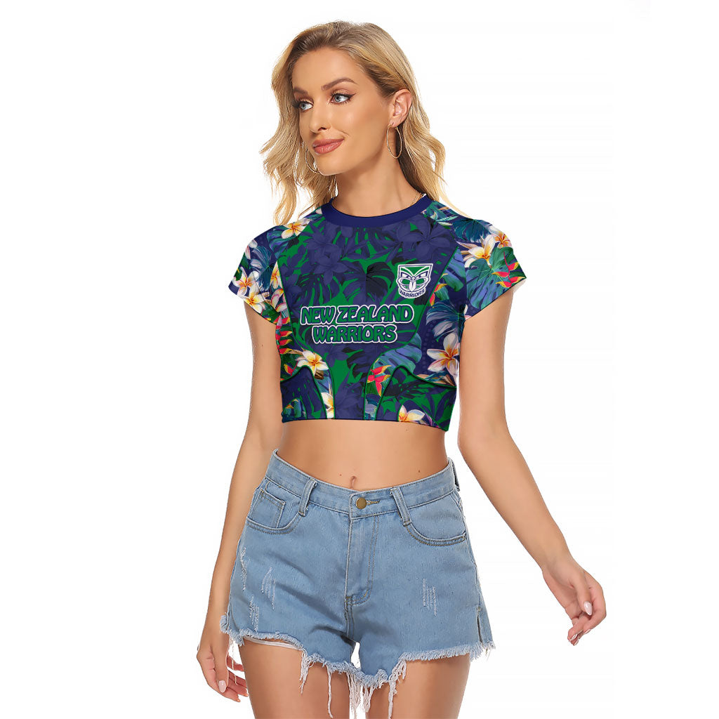 New Zealand Warriors Raglan Cropped T Shirt Tropical Polynesian Floral Pattern With Green And Blue Accents