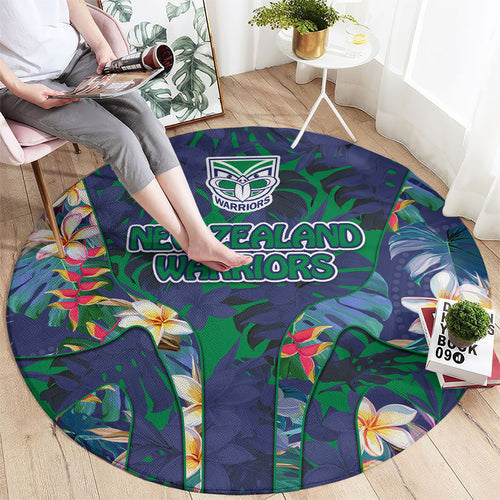New Zealand Warriors Round Carpet Tropical Polynesian Floral Pattern With Green And Blue Accents