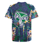 New Zealand Warriors Rugby Jersey Tropical Polynesian Floral Pattern With Green And Blue Accents