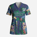 New Zealand Warriors Scrub Top Tropical Polynesian Floral Pattern With Green And Blue Accents