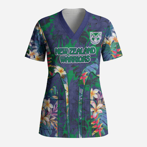 New Zealand Warriors Scrub Top Tropical Polynesian Floral Pattern With Green And Blue Accents