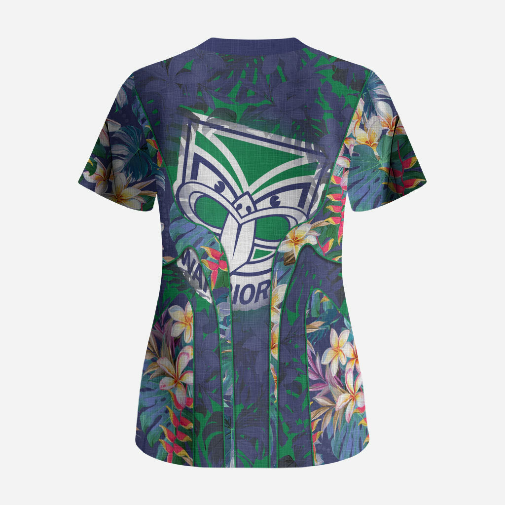 New Zealand Warriors Scrub Top Tropical Polynesian Floral Pattern With Green And Blue Accents