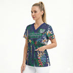 New Zealand Warriors Scrub Top Tropical Polynesian Floral Pattern With Green And Blue Accents