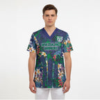 New Zealand Warriors Scrub Top Tropical Polynesian Floral Pattern With Green And Blue Accents