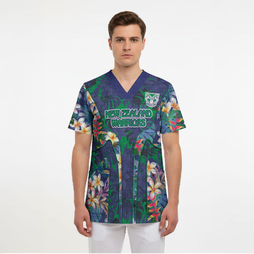 New Zealand Warriors Scrub Top Tropical Polynesian Floral Pattern With Green And Blue Accents