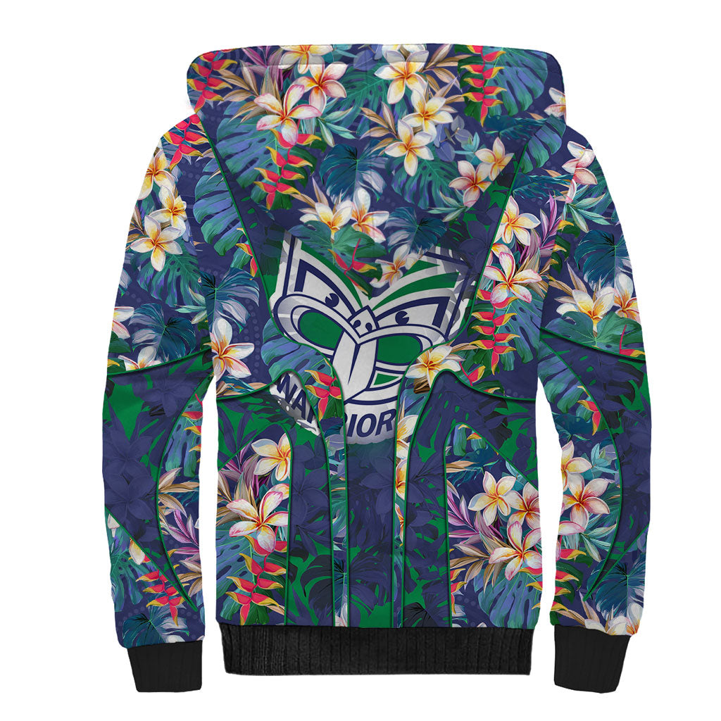 New Zealand Warriors Sherpa Hoodie Tropical Polynesian Floral Pattern With Green And Blue Accents