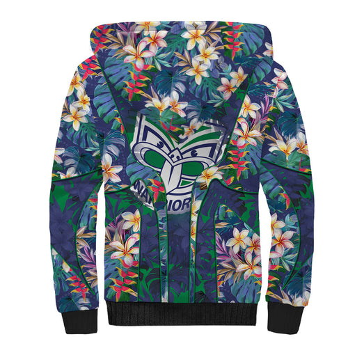 New Zealand Warriors Sherpa Hoodie Tropical Polynesian Floral Pattern With Green And Blue Accents
