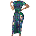 New Zealand Warriors Short Sleeve Bodycon Dress Tropical Polynesian Floral Pattern With Green And Blue Accents