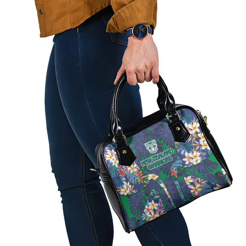 New Zealand Warriors Shoulder Handbag Tropical Polynesian Floral Pattern With Green And Blue Accents
