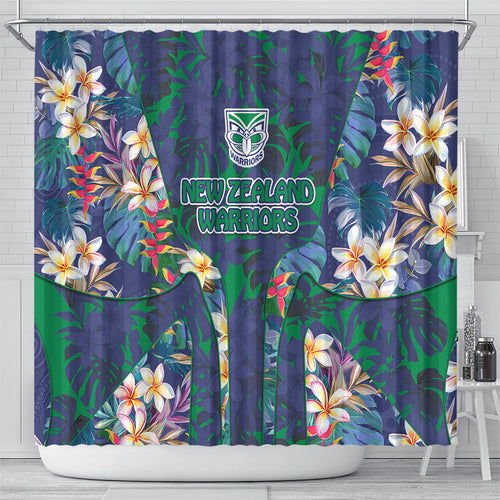 New Zealand Warriors Shower Curtain Tropical Polynesian Floral Pattern With Green And Blue Accents