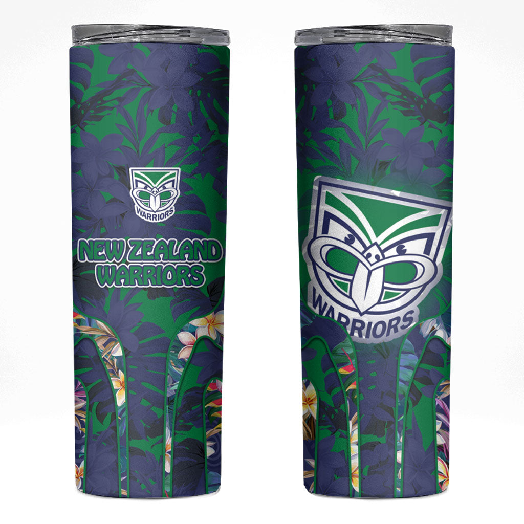 New Zealand Warriors Skinny Tumbler Tropical Polynesian Floral Pattern With Green And Blue Accents