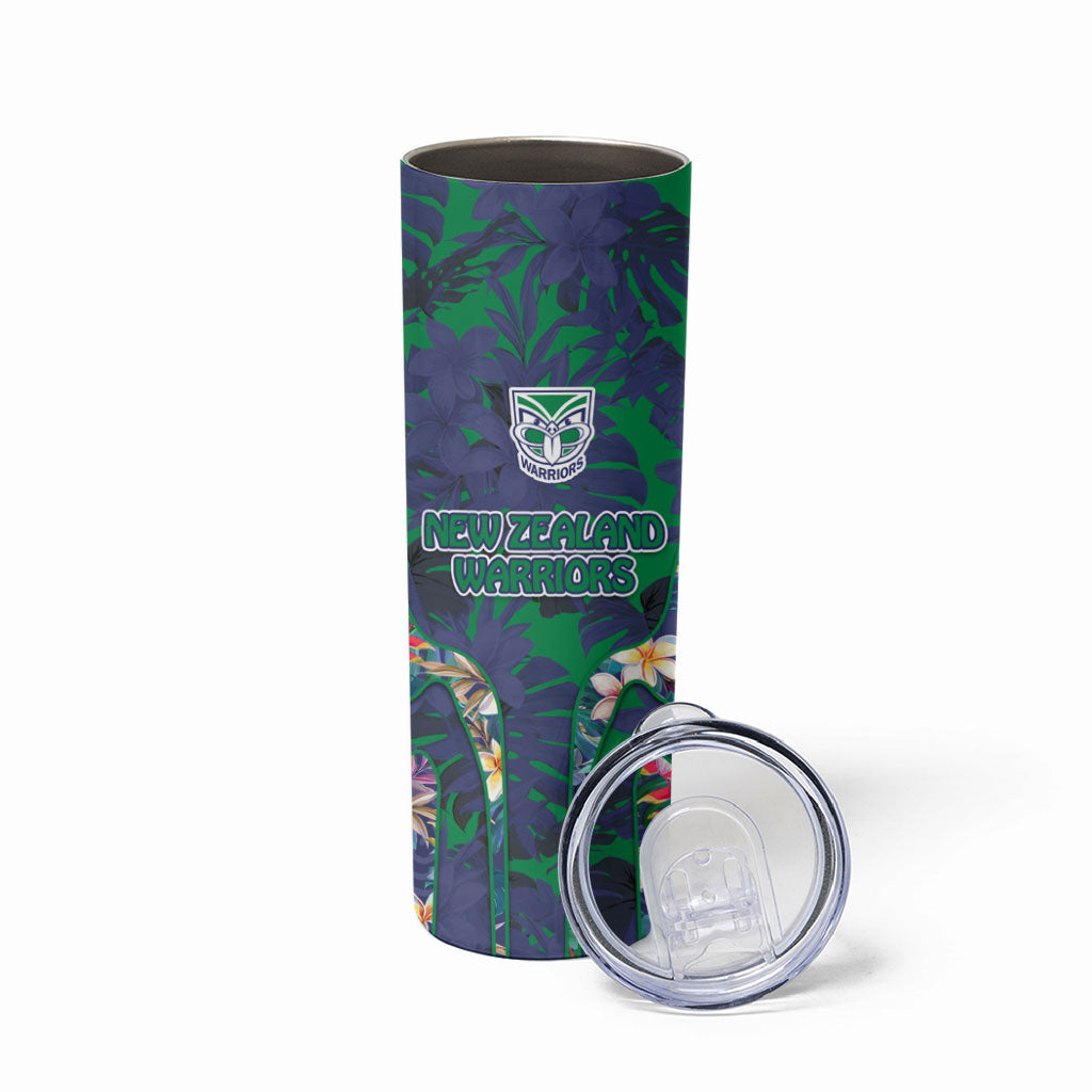 New Zealand Warriors Skinny Tumbler Tropical Polynesian Floral Pattern With Green And Blue Accents