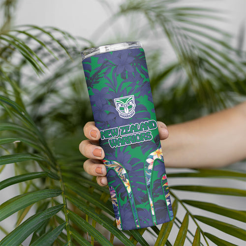 New Zealand Warriors Skinny Tumbler Tropical Polynesian Floral Pattern With Green And Blue Accents