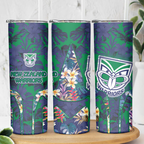 New Zealand Warriors Skinny Tumbler Tropical Polynesian Floral Pattern With Green And Blue Accents