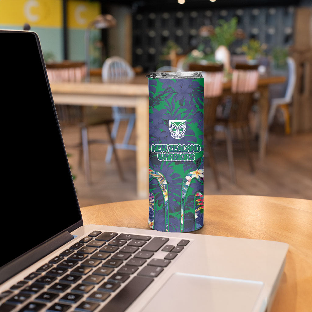 New Zealand Warriors Skinny Tumbler Tropical Polynesian Floral Pattern With Green And Blue Accents