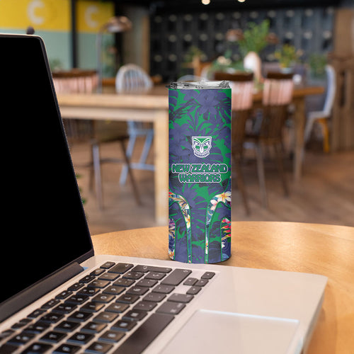 New Zealand Warriors Skinny Tumbler Tropical Polynesian Floral Pattern With Green And Blue Accents