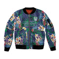 New Zealand Warriors Sleeve Zip Bomber Jacket Tropical Polynesian Floral Pattern With Green And Blue Accents