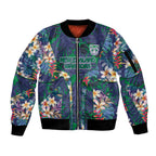 New Zealand Warriors Sleeve Zip Bomber Jacket Tropical Polynesian Floral Pattern With Green And Blue Accents