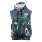 New Zealand Warriors Sleeveless Hoodie Tropical Polynesian Floral Pattern With Green And Blue Accents