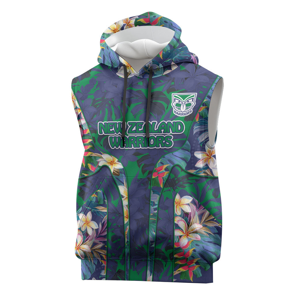 New Zealand Warriors Sleeveless Hoodie Tropical Polynesian Floral Pattern With Green And Blue Accents