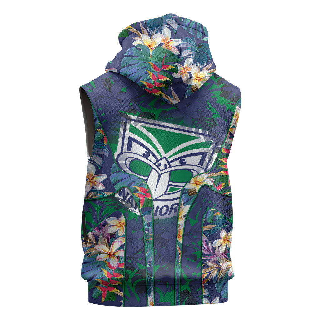 New Zealand Warriors Sleeveless Hoodie Tropical Polynesian Floral Pattern With Green And Blue Accents