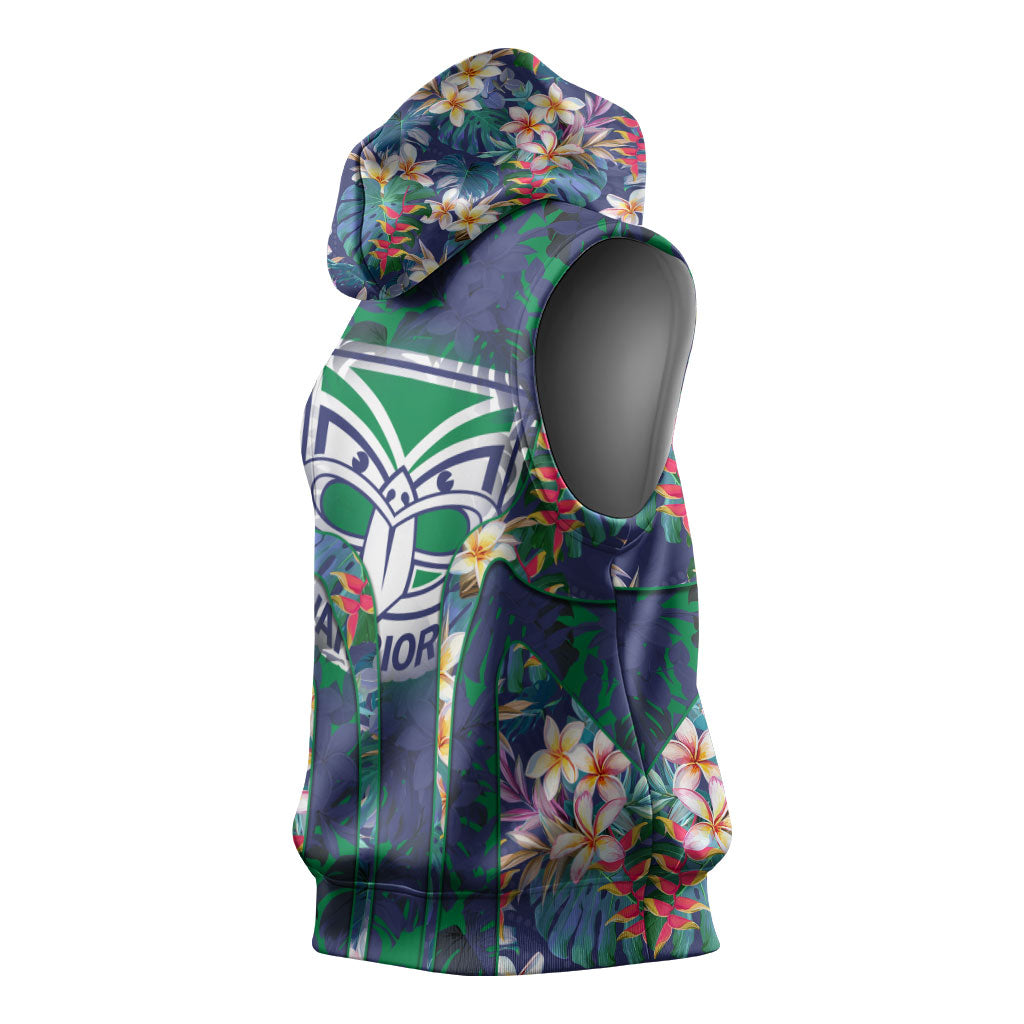 New Zealand Warriors Sleeveless Hoodie Tropical Polynesian Floral Pattern With Green And Blue Accents