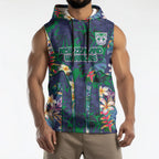 New Zealand Warriors Sleeveless Hoodie Tropical Polynesian Floral Pattern With Green And Blue Accents