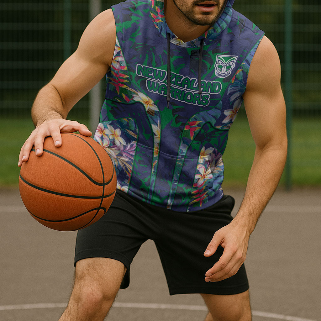 New Zealand Warriors Sleeveless Hoodie Tropical Polynesian Floral Pattern With Green And Blue Accents
