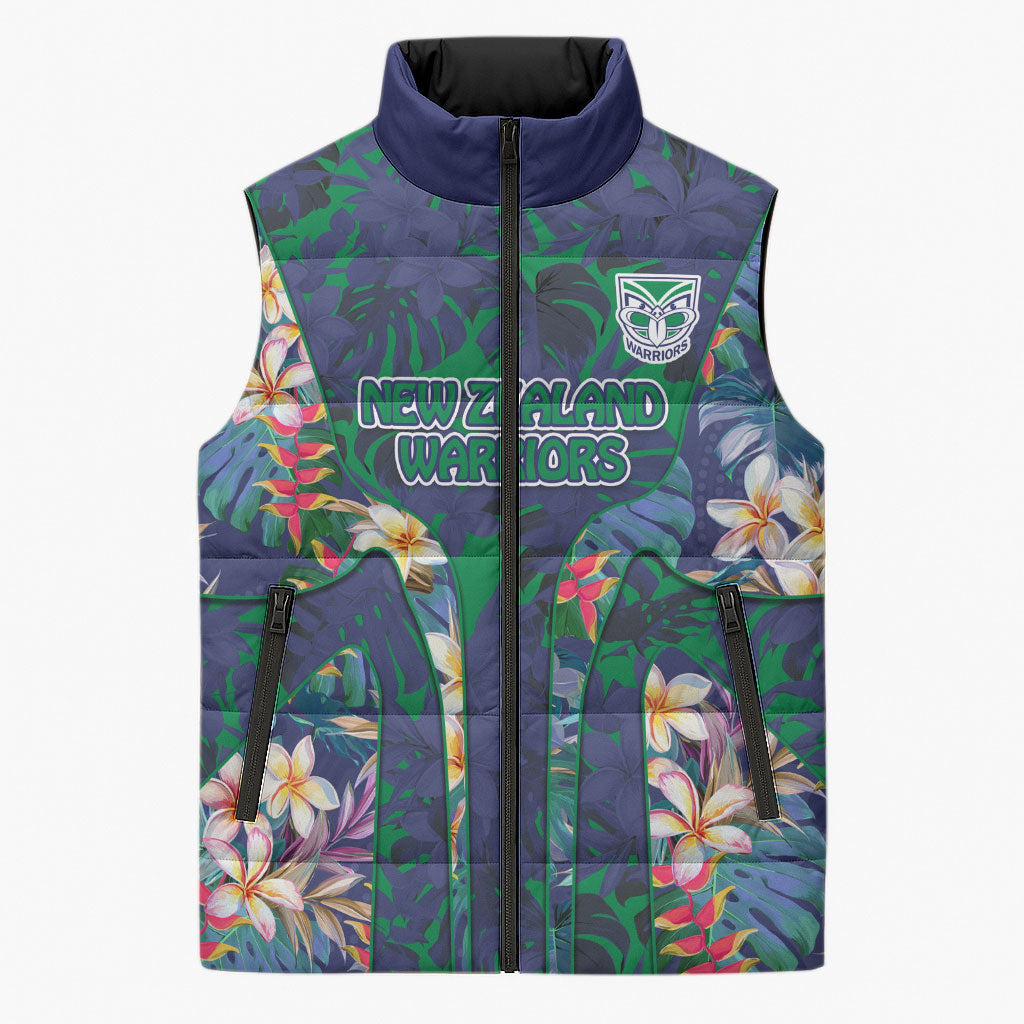 New Zealand Warriors Sleeveless Puffer Jacket Tropical Polynesian Floral Pattern With Green And Blue Accents