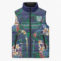 New Zealand Warriors Sleeveless Puffer Jacket Tropical Polynesian Floral Pattern With Green And Blue Accents