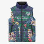 New Zealand Warriors Sleeveless Puffer Jacket Tropical Polynesian Floral Pattern With Green And Blue Accents