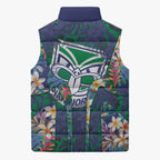 New Zealand Warriors Sleeveless Puffer Jacket Tropical Polynesian Floral Pattern With Green And Blue Accents