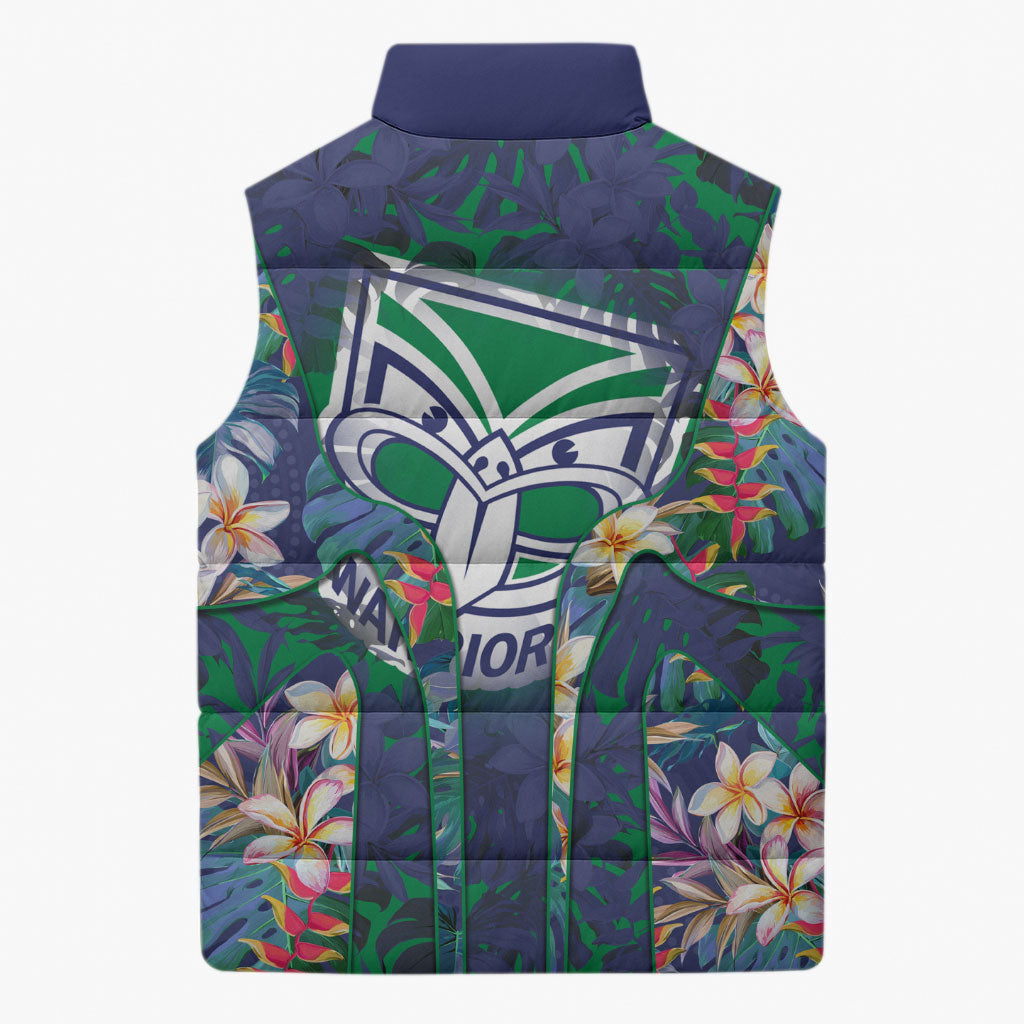 New Zealand Warriors Sleeveless Puffer Jacket Tropical Polynesian Floral Pattern With Green And Blue Accents