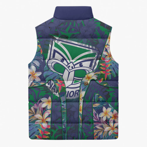 New Zealand Warriors Sleeveless Puffer Jacket Tropical Polynesian Floral Pattern With Green And Blue Accents