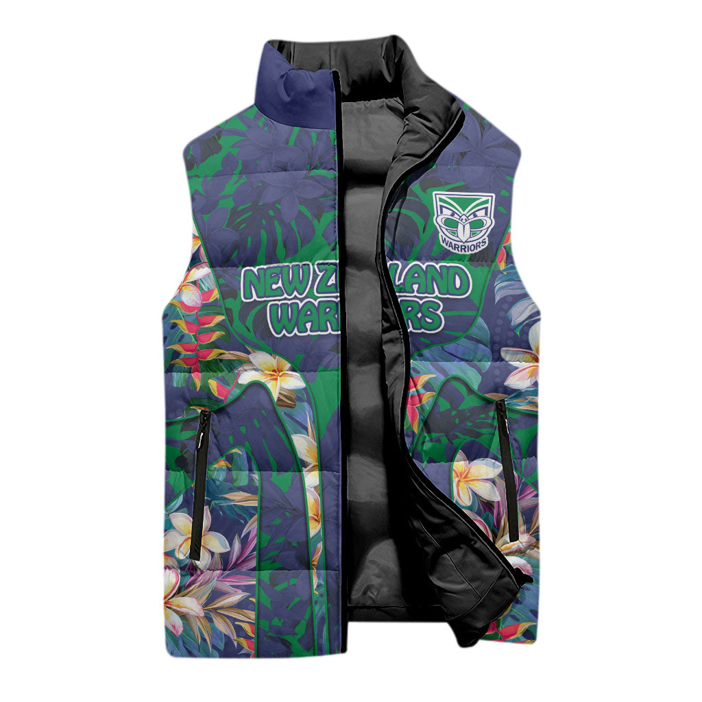 New Zealand Warriors Sleeveless Puffer Jacket Tropical Polynesian Floral Pattern With Green And Blue Accents
