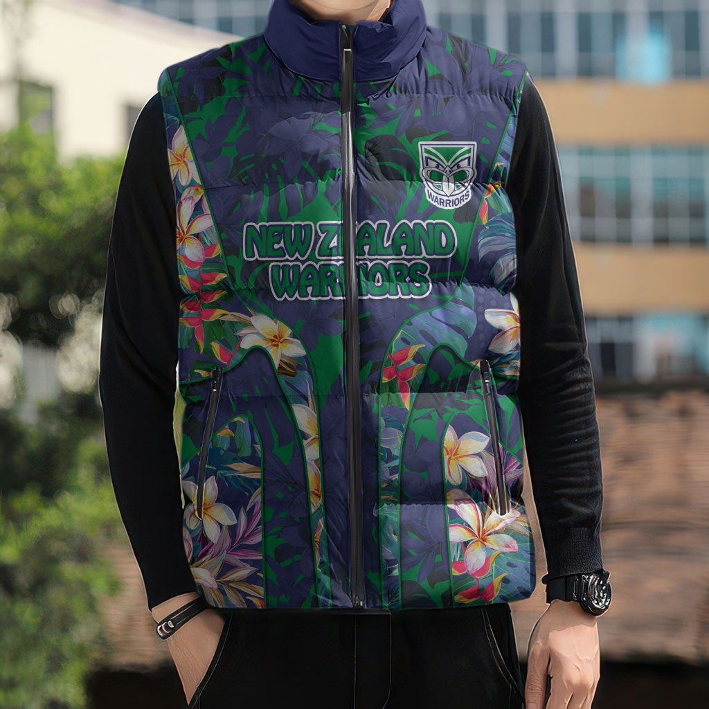New Zealand Warriors Sleeveless Puffer Jacket Tropical Polynesian Floral Pattern With Green And Blue Accents