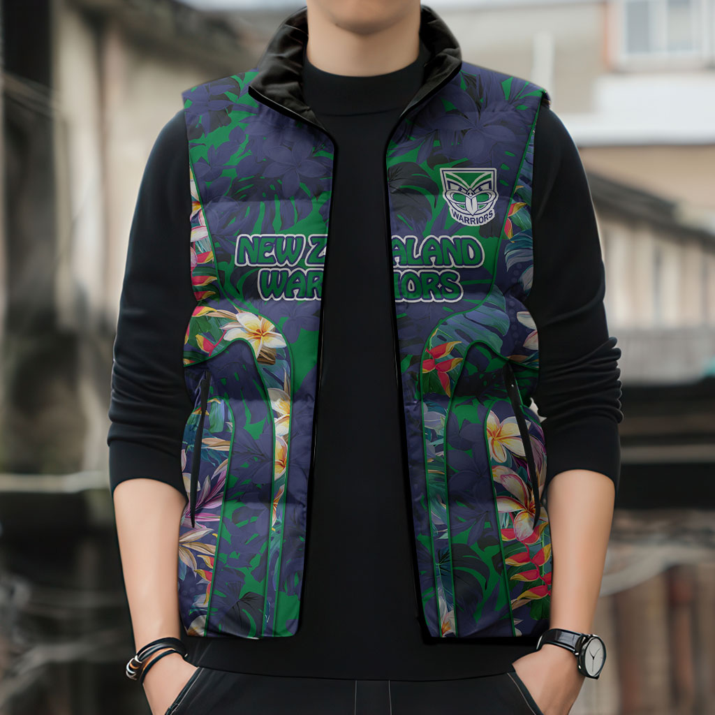 New Zealand Warriors Sleeveless Puffer Jacket Tropical Polynesian Floral Pattern With Green And Blue Accents