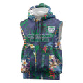 New Zealand Warriors Sleeveless Zip Hoodie Tropical Polynesian Floral Pattern With Green And Blue Accents