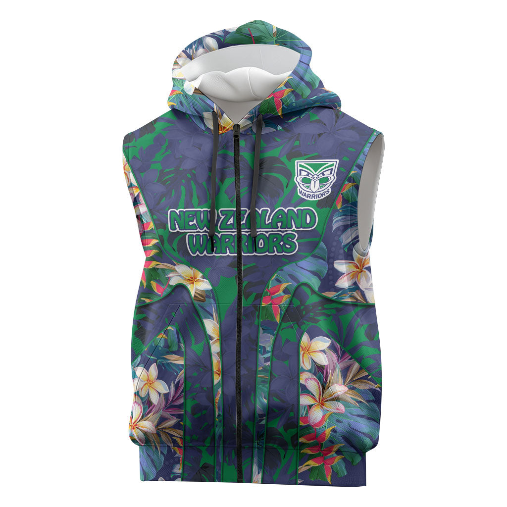New Zealand Warriors Sleeveless Zip Hoodie Tropical Polynesian Floral Pattern With Green And Blue Accents