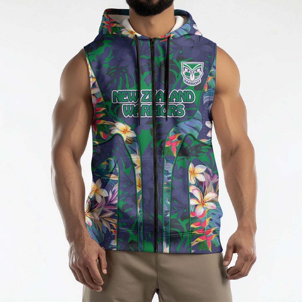 New Zealand Warriors Sleeveless Zip Hoodie Tropical Polynesian Floral Pattern With Green And Blue Accents