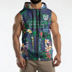 New Zealand Warriors Sleeveless Zip Hoodie Tropical Polynesian Floral Pattern With Green And Blue Accents