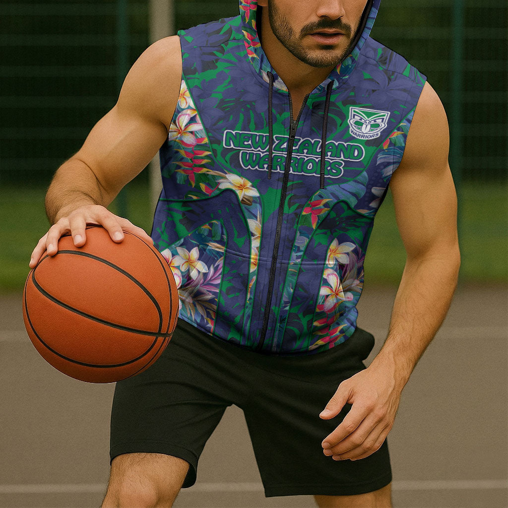 New Zealand Warriors Sleeveless Zip Hoodie Tropical Polynesian Floral Pattern With Green And Blue Accents
