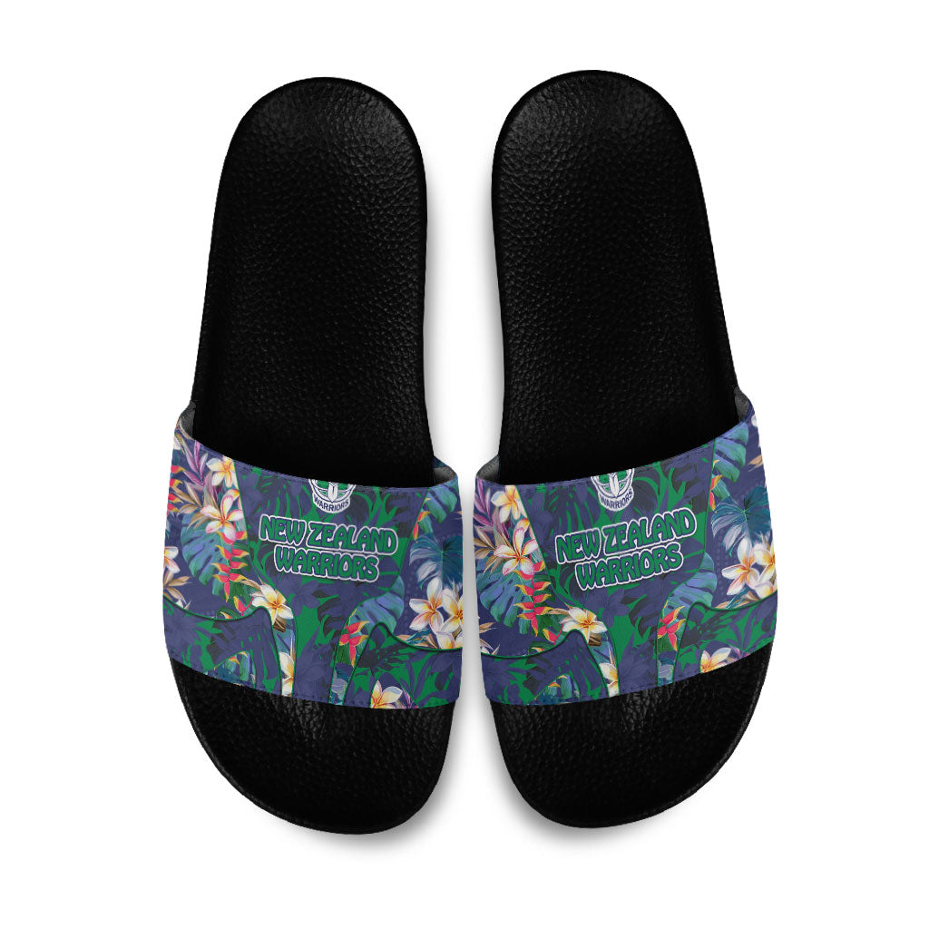 New Zealand Warriors Slide Sandals Tropical Polynesian Floral Pattern With Green And Blue Accents