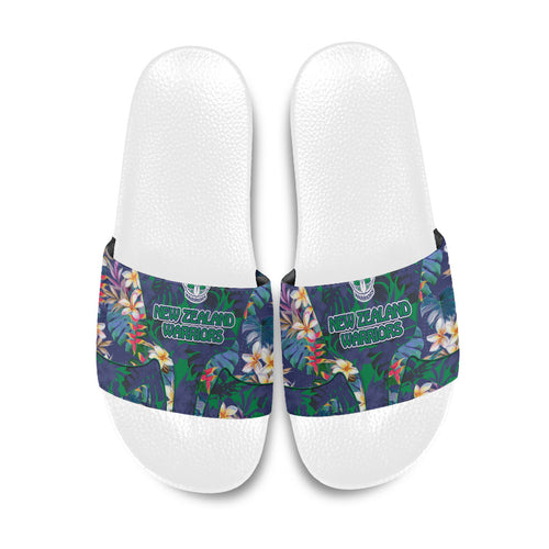 New Zealand Warriors Slide Sandals Tropical Polynesian Floral Pattern With Green And Blue Accents
