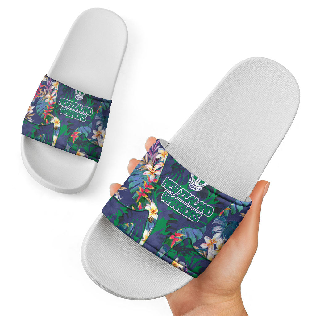 New Zealand Warriors Slide Sandals Tropical Polynesian Floral Pattern With Green And Blue Accents