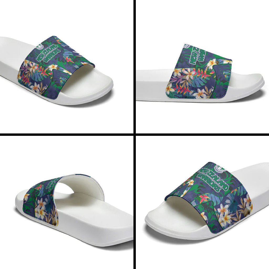 New Zealand Warriors Slide Sandals Tropical Polynesian Floral Pattern With Green And Blue Accents