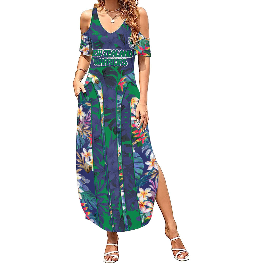 New Zealand Warriors Summer Maxi Dress Tropical Polynesian Floral Pattern With Green And Blue Accents