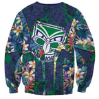 New Zealand Warriors Sweatshirt Tropical Polynesian Floral Pattern With Green And Blue Accents